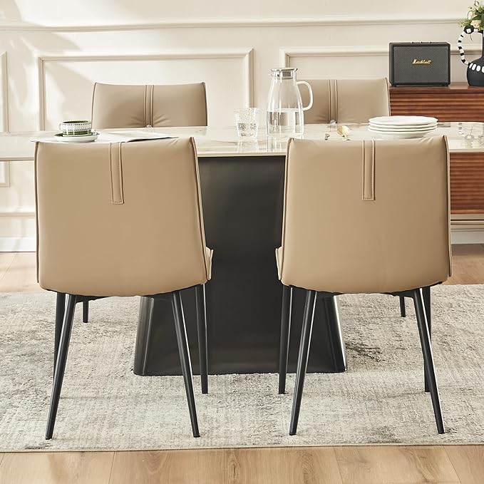 YOUTASTE Dining Chairs Set of 2 Mid Century Modern Upholstered Kitchen Chairs Soft Padded Side Chairs Leather Dinner Chairs with Metal Legs for Living Room Bedroom, Khaki - LeafyLoom