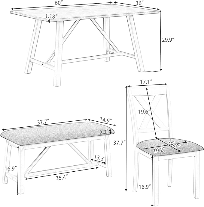 6-Piece Wood Rectangle Dining Table Set with Bench and 4 Upholstered Chairs for Kitchen Living Room, Farmhouse Rustic Style, White+Gray, 60" L x 36" W x 29.9" H - LeafyLoom