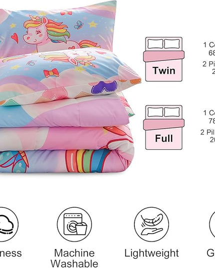 Aimuan Girls Unicorn Comforter Set 3 Pieces Pink Purple Bedding Set with Rainbow Star Galaxy Stars Fantasy Children Room Decor Soft Reversible Bed Sets for Boys/Girls/Teens (Pink Blue Twin3Pcs) - LeafyLoom