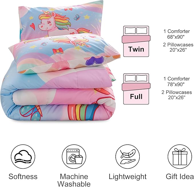 Aimuan Girls Unicorn Comforter Set 3 Pieces Pink Purple Bedding Set with Rainbow Star Galaxy Stars Fantasy Children Room Decor Soft Reversible Bed Sets for Boys/Girls/Teens (Pink Blue Twin3Pcs) - LeafyLoom