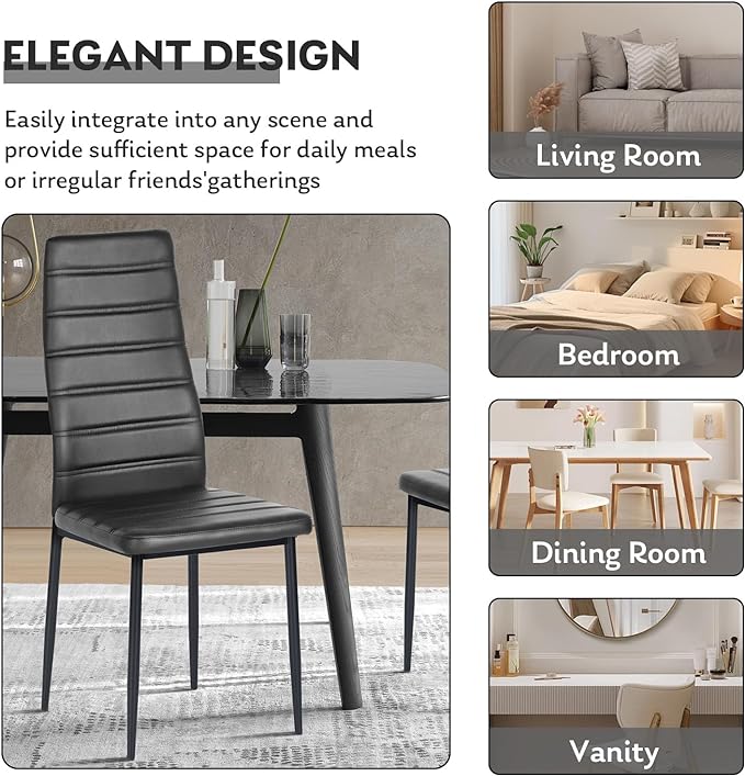 PU Leather Chair Set of 4, High Back Dining Seat with Soft Padded & Foot Cap Protection for Home Kitchen Living Room, 300lbs Capacity, Black - LeafyLoom