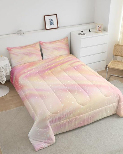 Girls Pastel Bedding for Kids Toddlers, Glitter Galaxy Space Bedding Comforter Sets Gradient Sparkle Comforter Set for Boys Girls Bedroom, Tie Dye Pastel Bedroom Decor 3 Pcs, Full ( Pink Yellow) - LeafyLoom