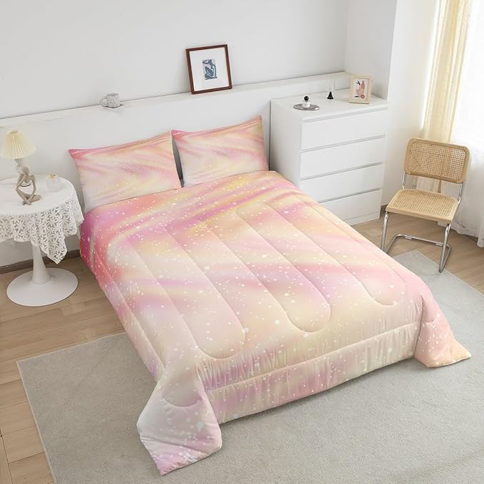 Erosebridal Girly Pastel Galaxy Bedding Comforter Sets King Size, Glitter Galaxy Bedding Tie Dye Gradient Sparkle Comforter Set for Boys Girls Teenagers Bedroom, Pink Yellow Ombre Duvet Insert, 3 Pcs - LeafyLoom