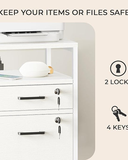 SUPERJARE File Cabinet with Lock & Charging Station, 2 Drawers Rolling Filing Cabinet, Office File Cabinet with Wheels & Open Shelf, for Home Office, A4/Letter Size Files - White - LeafyLoom