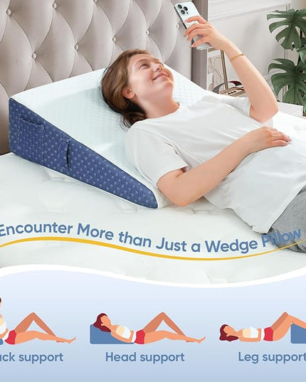 Wedge Pillow with Removable Washable Cover, 2024 New 7.5'' Bed Wedge Pillow for Sleep Apnea, Acid Reflux, Heartburn, GERD, Neck Pain, Cooling Memory Foam Top Incline Pillow for Improved Sleep - LeafyLoom