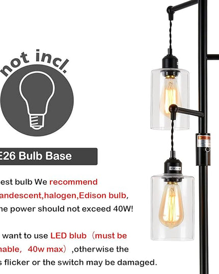 Airposta Industrial Floor Lamp with On/Off Dimmable Switch, 3-Head Rustic Tree Standing Lamp, Edison Bulb 40W Retro Tall Glass Floor Light for Living Room, Reading, Office, Bedroom, Black - LeafyLoom