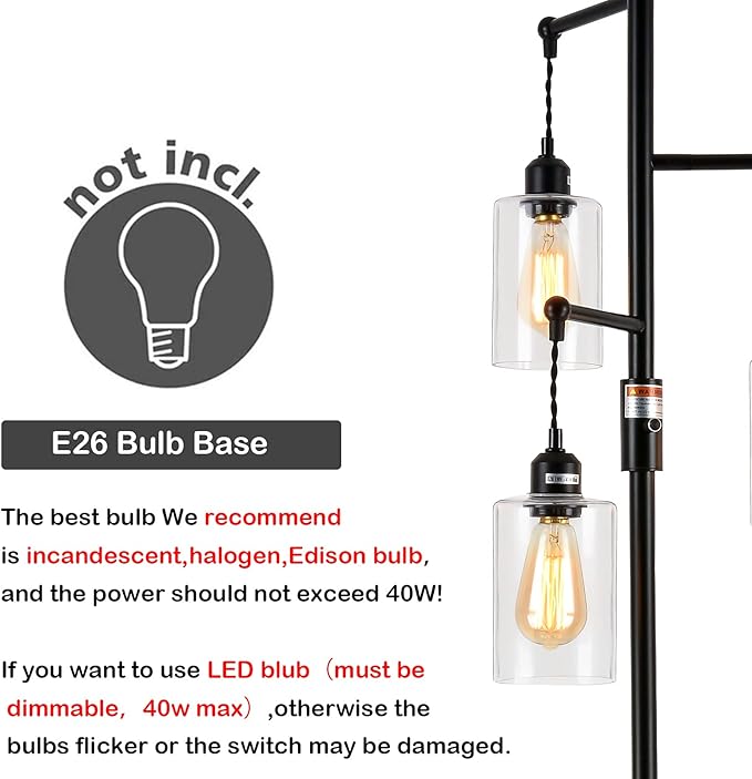 Airposta Industrial Floor Lamp with On/Off Dimmable Switch, 3-Head Rustic Tree Standing Lamp, Edison Bulb 40W Retro Tall Glass Floor Light for Living Room, Reading, Office, Bedroom, Black - LeafyLoom