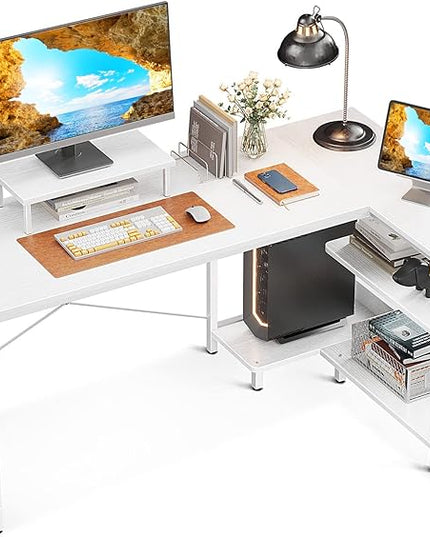 ODK 58 Inch L Shaped Computer Desk with Reversible Storage Shelves, L-shaped Corner Desk with Monitor Stand for Small Space, Modern Simple Writing Study Table for Home Office Workstation, White - LeafyLoom
