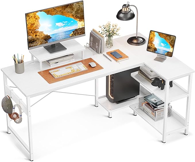 ODK 58 Inch L Shaped Computer Desk with Reversible Storage Shelves, L-shaped Corner Desk with Monitor Stand for Small Space, Modern Simple Writing Study Table for Home Office Workstation, White - LeafyLoom