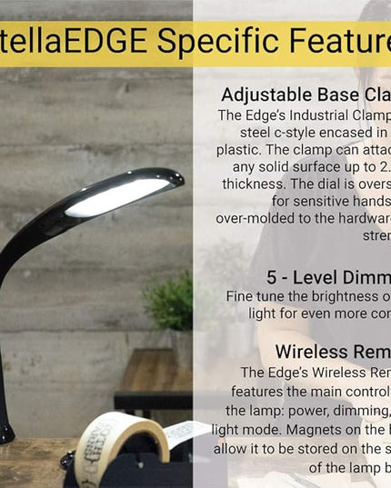 Stella Edge Premium 10W LED Desk Clamp Task Lamp - White - Adjustable Dimmable Low Vision Light - Macular Degeneration Lighting - Hobby Crafting Sewing - LeafyLoom
