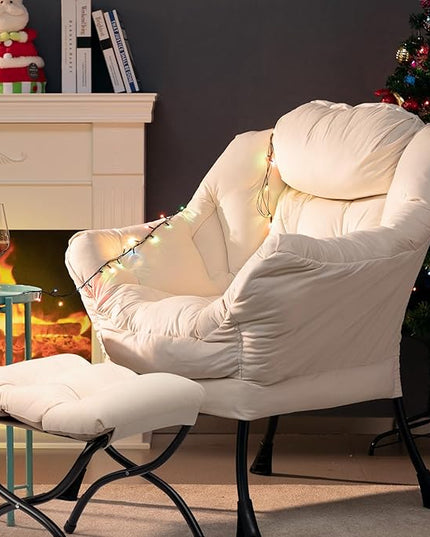 HollyHOME Fabric Lazy Chair with Foldable Ottoman, Accent Comfy Lounge Arm Chair and Folding Footrest Stool Set, Leisure Sofa Reading Chair and Footstool for Living Room, Bedroom, Dorm, Beige - LeafyLoom
