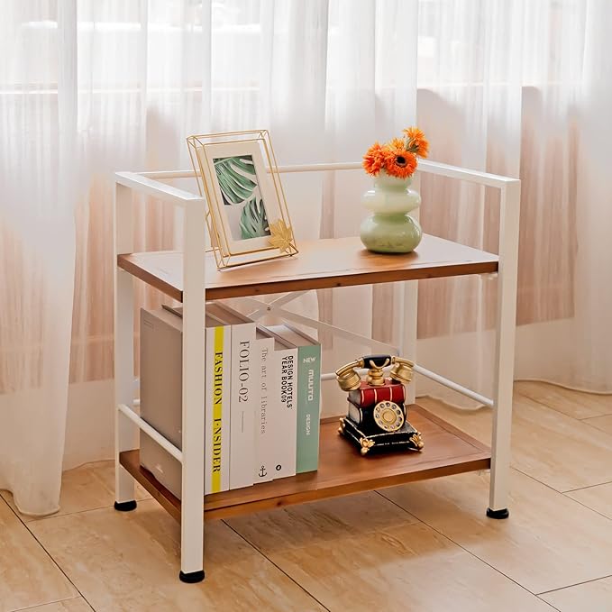 2 Tier White Bookshelf, Real Wood Bookshelf Simply Assembled in 10 Minutes, Metal Book Shelf for Storage, Bookcase for Office Organization and Storage, 12.6 D x 23.62 W x 22.83 H Inches - LeafyLoom