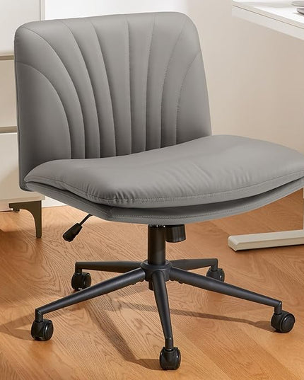 Marsail Armless-Office Desk Chair with Wheels: PU Leather Cross Legged Wide Chair,Comfortable Adjustable Swivel Computer Task Chairs for Home,Office,Make Up,Small Space,Bed Room, Grey - LeafyLoom