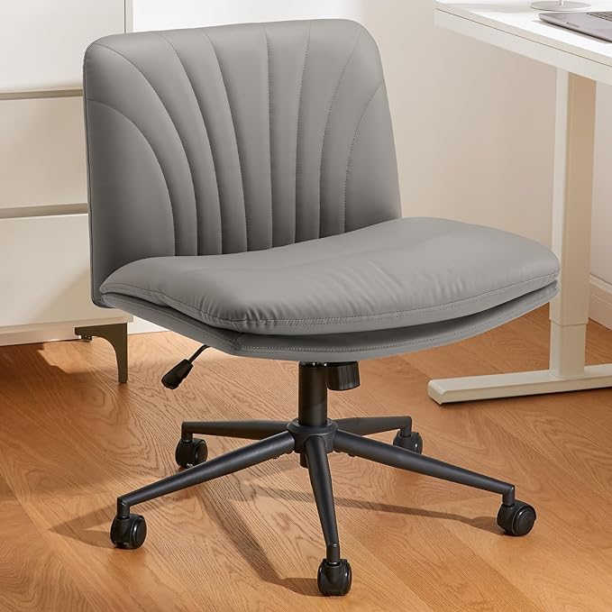 Marsail Armless-Office Desk Chair with Wheels: PU Leather Cross Legged Wide Chair,Comfortable Adjustable Swivel Computer Task Chairs for Home,Office,Make Up,Small Space,Bed Room, Grey - LeafyLoom