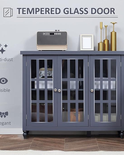 HOMCOM Sideboard, Buffet Cabinet with 3 Tempered Glass Doors, Stripe Pattern and Adjustable Storage Shelf, Credenza, Gray - LeafyLoom