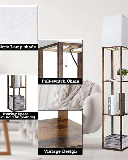 RUNTOP Floor Lamp with Shelves, Modern Shelf Lamp for Display Storage, 3 Color Temperature Wood Narrow Standing Corner Lamp with 8W Bulb for Living Room Decor, Bedroom, Office, Home Decor(Brown) - LeafyLoom