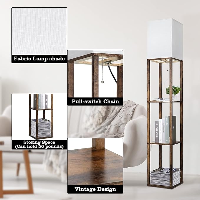 RUNTOP Floor Lamp with Shelves, Modern Shelf Lamp for Display Storage, 3 Color Temperature Wood Narrow Standing Corner Lamp with 8W Bulb for Living Room Decor, Bedroom, Office, Home Decor(Brown) - LeafyLoom