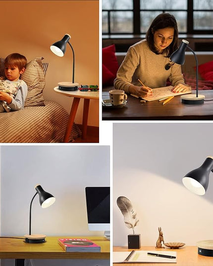 Metal Desk Lamp Wireless Charging Table Lamp Touch Reading Lights Arc Desk Lamps for Bedroom, 3 Way Dimmable Bedside Lamp with USB Charging Ports, Reading Lamp for Study Room and Office (Black-02) - LeafyLoom