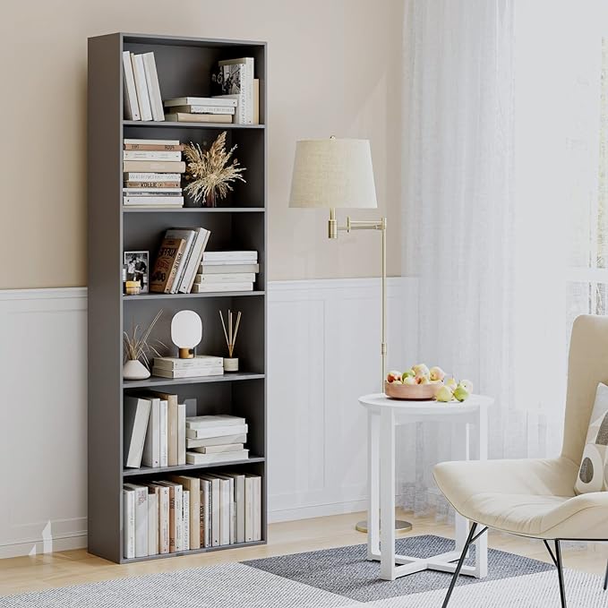FOTOSOK 6-Tier Open Bookcase and Bookshelf, Freestanding Display Storage Shelves Tall Bookcase for Bedroom, Living Room and Office, Dark Gray - LeafyLoom