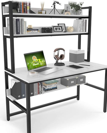 Aquzee Computer Desk with Hutch and Bookshelf, 47 inch Wide White Home Office Desk with 3 Tier Storage Shelves, for Study Writing Work, Easy Assemble - LeafyLoom