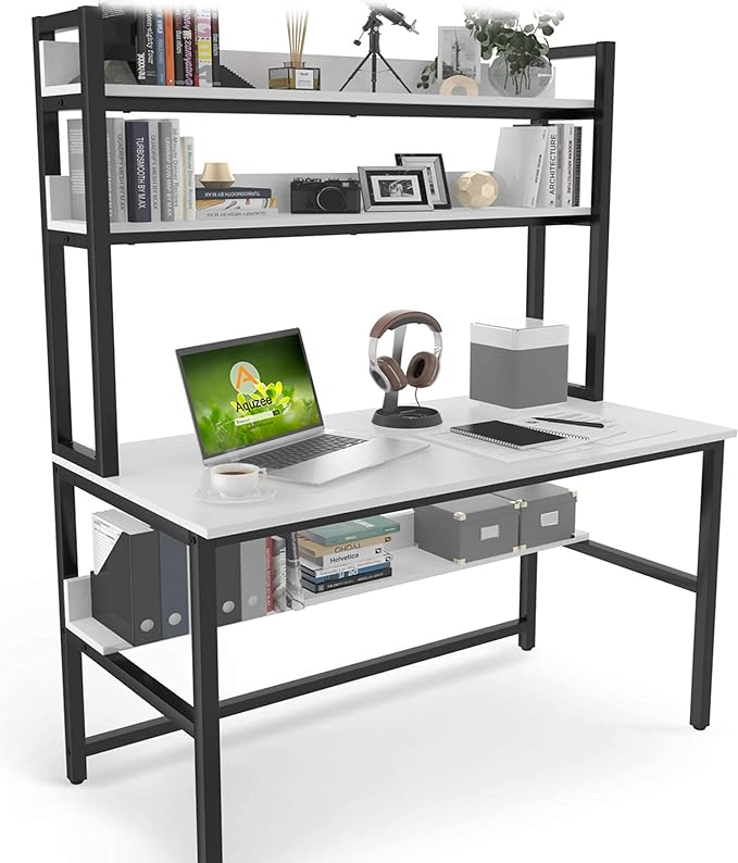 Aquzee Computer Desk with Hutch and Bookshelf, 47 inch Wide White Home Office Desk with 3 Tier Storage Shelves, for Study Writing Work, Easy Assemble - LeafyLoom