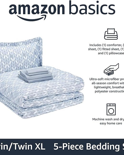 Amazon Basics Lightweight Microfiber Bed-in-a-Bag Comforter 5-Piece Bedding Set, Twin/Twin XL, Gray Leaf, Printed - LeafyLoom