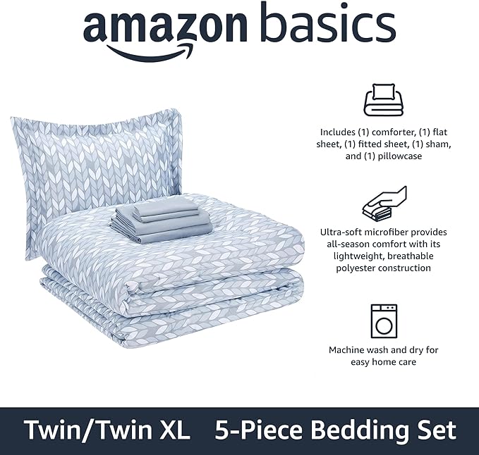 Amazon Basics Lightweight Microfiber Bed-in-a-Bag Comforter 5-Piece Bedding Set, Twin/Twin XL, Gray Leaf, Printed - LeafyLoom