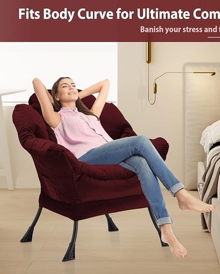 Lazy Chair Thick Padded, Accent Chair Velvet Upholstered with Wide Seat, Stable Metal Frame and Non-Slip Pad, Modern Sofa Armchair with Side Storage Bag for Dorm, Room, Office, Burgundy - LeafyLoom