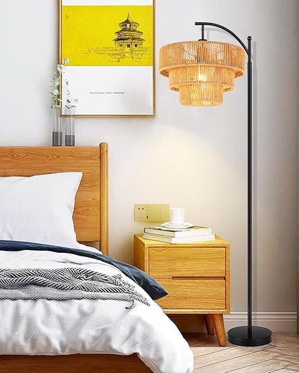 Boho Floor Lamp for Living Room with Remote,Arc Floor Lamps Rattan Standing Lamp Dimmable Farmhouse Tall Lamp with 3-Tier Wicker Lamp Shade Adjustable Black Floor Light for Bedroom Bohemian - LeafyLoom