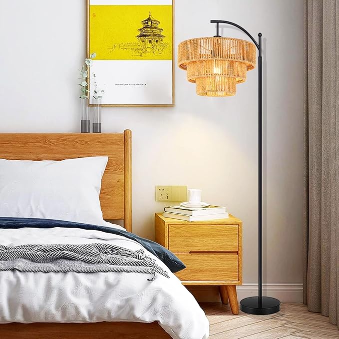 Boho Floor Lamp for Living Room with Remote,Arc Floor Lamps Rattan Standing Lamp Dimmable Farmhouse Tall Lamp with 3-Tier Wicker Lamp Shade Adjustable Black Floor Light for Bedroom Bohemian - LeafyLoom