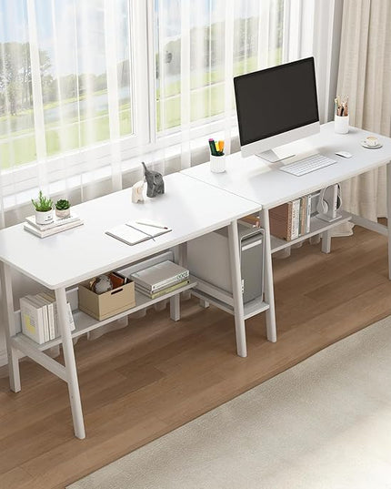 2-Person Writing Desk with Bookshelf - 94" Wooden Extra Long Home Office Work Table, Double Study Computer Workstation with Storage Shelves in White, 94" W x 24" D - LeafyLoom