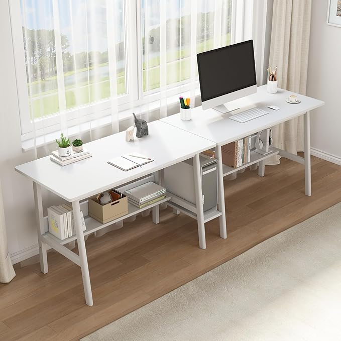2-Person Writing Desk with Bookshelf - 94" Wooden Extra Long Home Office Work Table, Double Study Computer Workstation with Storage Shelves in White, 94" W x 24" D - LeafyLoom