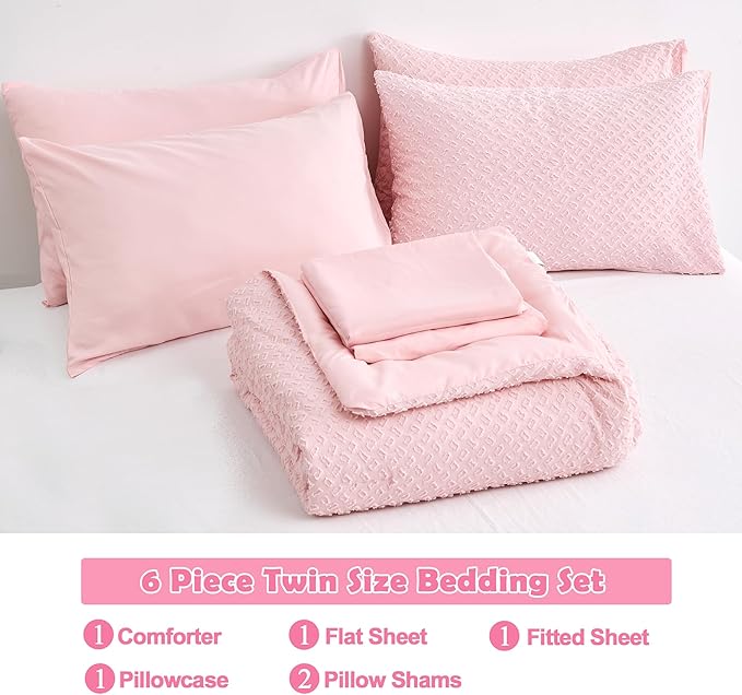 Twin Size Tufted Kids Comforter Set 6 Piece Pink Jacquard Tufts Embroidery Bedding Set for Girls Bed in A Bag Quilt with 1 Comforter, 1 Flat Sheet, 1 Fitted Sheet, 1 Pillowcase and 2 Pillow Sham - LeafyLoom