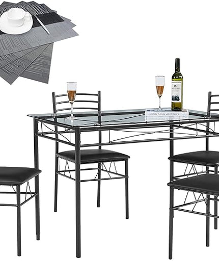 VECELO Dining Table with 4 Chairs [4 Placemats Included, Black, 43.3x27.5x30, 15.7x16.9x33.8 - LeafyLoom