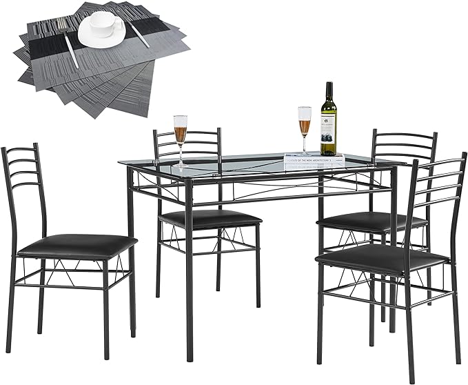 VECELO Dining Table with 4 Chairs [4 Placemats Included, Black, 43.3x27.5x30, 15.7x16.9x33.8 - LeafyLoom