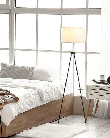 HOMCOM 59.75" Tripod Floor Lamp with Pull Chain Standing, Fabric Lampshade E26 Lamp Holder Steel for Living Room, Bedroom, Office, Black - LeafyLoom