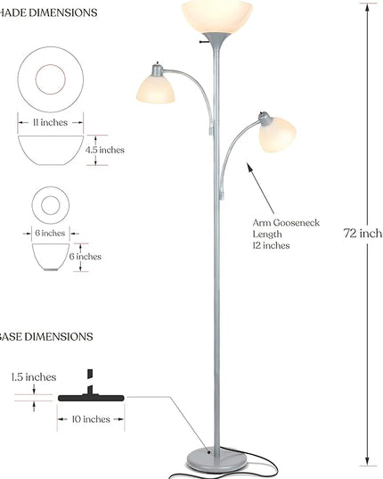 Brightech Sky Dome Double LED Floor lamp, Torchiere Super Bright Floor Lamp with 2 Reading Lamps for Living Rooms & Offices - Dimmable Tall Standing Lamp for Bedroom Reading - Tall Silver Pole - LeafyLoom