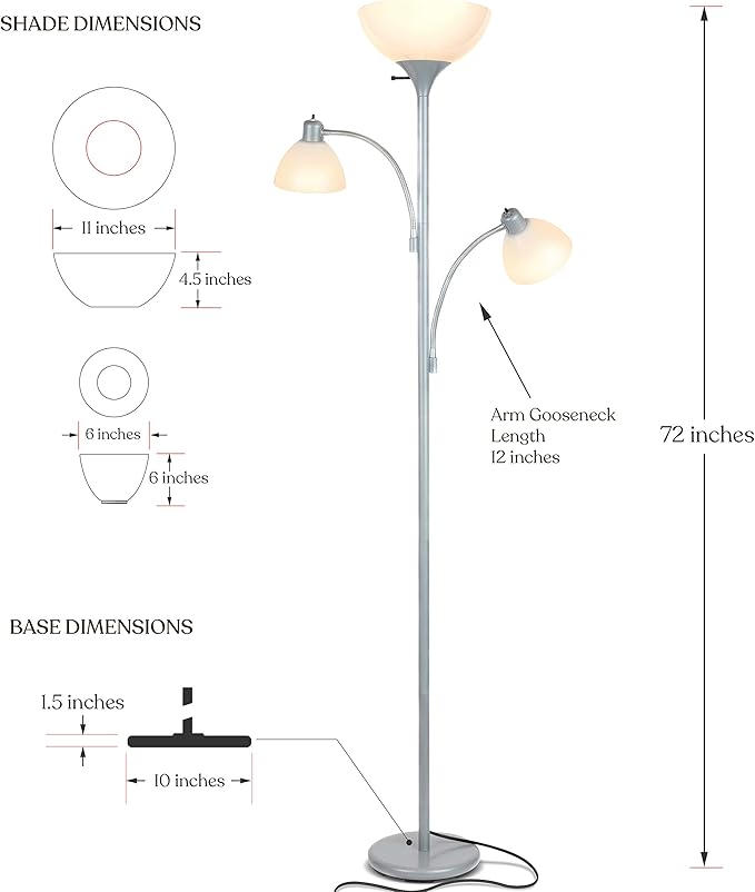 Brightech Sky Dome Double LED Floor lamp, Torchiere Super Bright Floor Lamp with 2 Reading Lamps for Living Rooms & Offices - Dimmable Tall Standing Lamp for Bedroom Reading - Tall Silver Pole - LeafyLoom