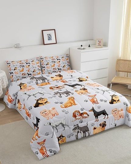 Kids Cute Dog Comforter Set Toddler Cartoon Dogs Bedding Set for Boys Girls Children Pet Dog Puppy Animal Lover Comforter Lovely Dog Paw Down Alternative Comforter for All Season Room Decor Twin Size - LeafyLoom