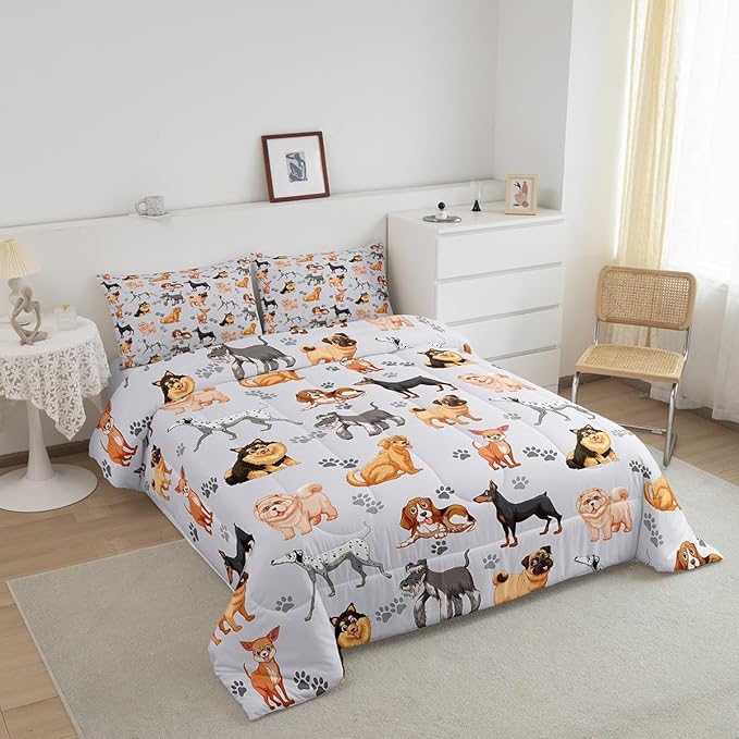 Kids Cute Dog Comforter Set Toddler Cartoon Dogs Bedding Set for Boys Girls Children Pet Dog Puppy Animal Lover Comforter Lovely Dog Paw Down Alternative Comforter for All Season Room Decor Twin Size - LeafyLoom