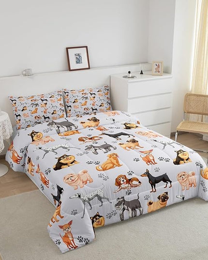 Kids Cute Dog Comforter Set Toddler Cartoon Dogs Bedding Set for Boys Girls Children Pet Dog Puppy Animal Lover Comforter Lovely Dog Paw Down Alternative Comforter for All Season Room Decor Full Size - LeafyLoom