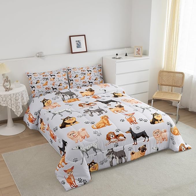 Kids Cute Dog Comforter Set Toddler Cartoon Dogs Bedding Set for Boys Girls Children Pet Dog Puppy Animal Lover Comforter Lovely Dog Paw Down Alternative Comforter for All Season Room Decor Full Size - LeafyLoom