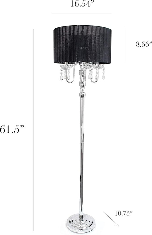 Elegant Designs LF1002-BLK Trendy Romantic Sheer Shade Hanging Crystals, Black Floor Lamp - LeafyLoom