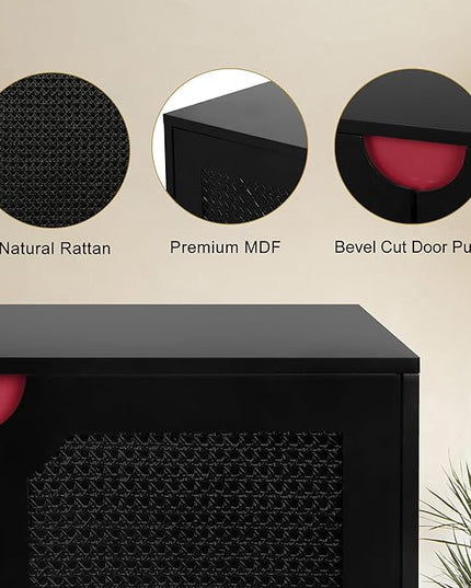 Anmytek Rattan Sideboard Buffet Cabinet with 4 Doors, Large Kitchen Storage Cabinet Black Sideboard with Adjustable Shelf Credenzas for Kitchen Living Room Hallway H0108 - LeafyLoom