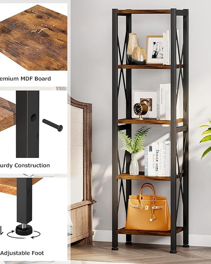 5-Tier Narrow Bookshelf, Ladder Bookshelf, Tall Bookshelf for Bedroom with Open Shelves, Office Bookshelf, Industrial Standing Bookshelf for Bedroom, Living Room and Home Office - LeafyLoom