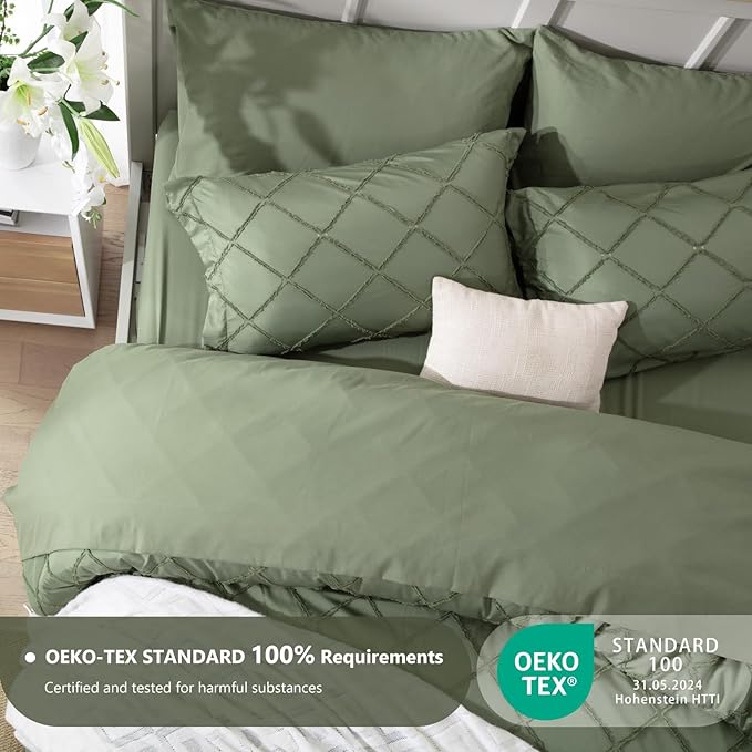 Boho Olive Green Comforter Set with Jacquard Tufted Design,Farmhouse Bedding Sets for All Seasons,Soft 7 Pieces Queen Bed in a Bag Comforter,Flat Sheet,Fitted Sheet,Pillowcases & Shams - LeafyLoom