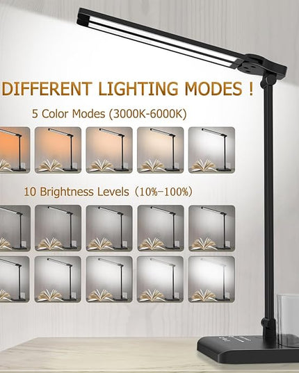 Dimmable LED Desk Lamp with USB Charging Port, 50 Lighting Modes Dual Swing Arm Architect Table Lamp Light Desk Lamp for Home Office Dorm Piano Nail - LeafyLoom