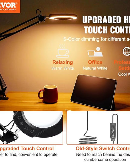 VEVOR 5X Magnifying Glass with Light and Stand, 【Upgraded】 5 Color Modes Stepless Dimmable, 4.3" Glass Lens Magnifier Desk lamp, 2-in-1 Magnifying Light and Stand for Crafts, Reading, Close Work - LeafyLoom