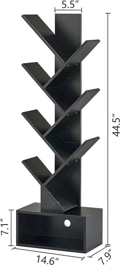 Hoctieon 6 Tier Tree Bookshelf, Tall Bookcase with Drawer, Freestanding Book shelf, Display Floor Standing Storage Shelf, Book Organizer Shelves for Home Office, Living Room, Bedroom, Black - LeafyLoom