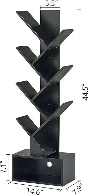 Hoctieon 6 Tier Tree Bookshelf, Tall Bookcase with Drawer, Freestanding Book shelf, Display Floor Standing Storage Shelf, Book Organizer Shelves for Home Office, Living Room, Bedroom, Black - LeafyLoom